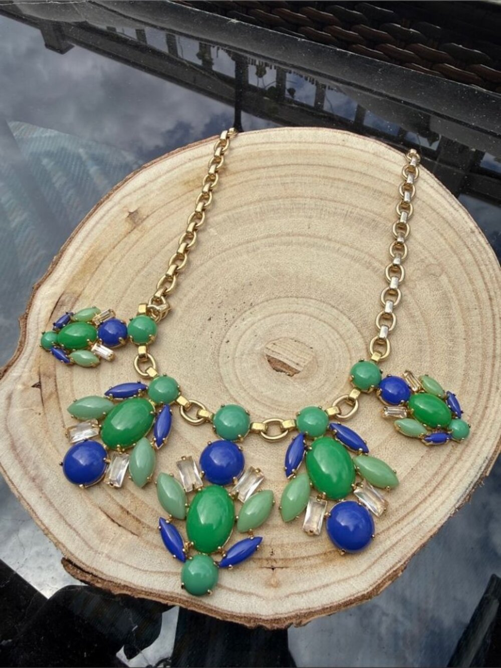 Stella & Dot Gold Tone Green Blue Rhinestone Statement Necklace - Picture 2 of 5